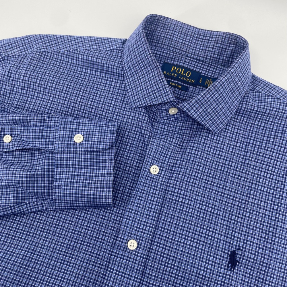 Polo Ralph Lauren Button Down Mens LG Blue Micro Check Easy Care Shirt